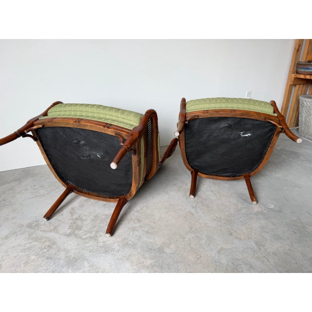 Vintage Coastal Hollywood Regency Style Ethan Allen Faux Bamboo & Cane Wingback Bergère Chairs – A Pair For Sale - Image 12 of 12