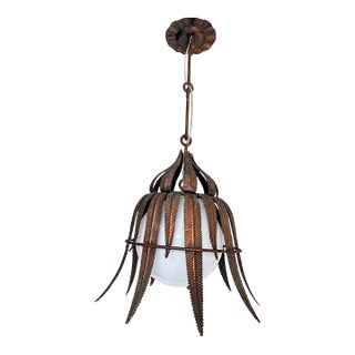 1950s Spanish Copper-Plated Iron Leaf Pendant With Opaline Glass Globe For Sale