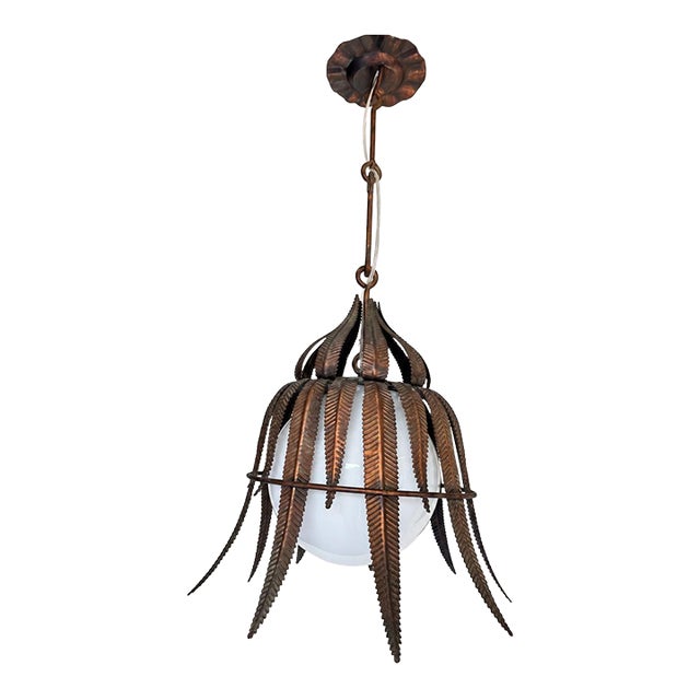 1950s Spanish Copper-Plated Iron Leaf Pendant With Opaline Glass Globe For Sale