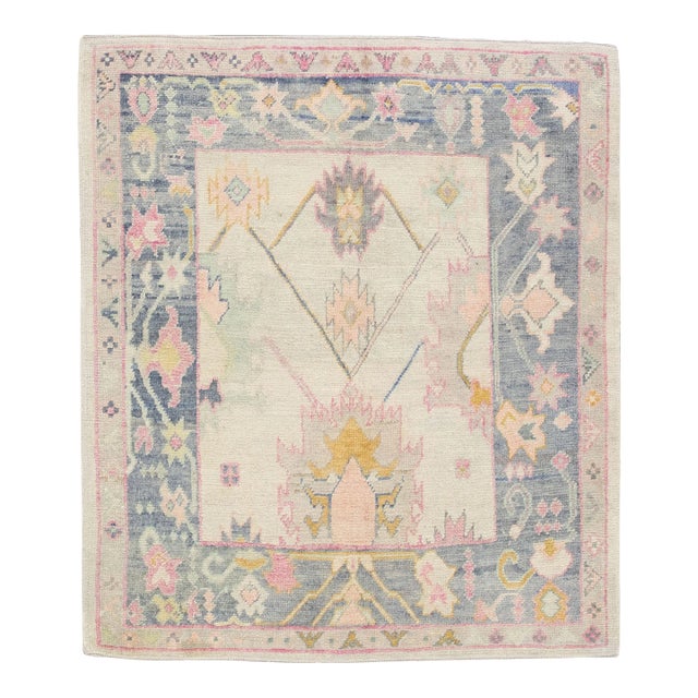 Early 21st Century Blue & Pink Handwoven Wool Turkish Oushak Rug 5'7" X 6'5" For Sale