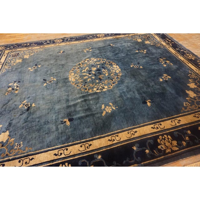 1920s Classic Chinese Symbols Navy Blue Open Field Antique Peking Room Size Rug For Sale - Image 9 of 11