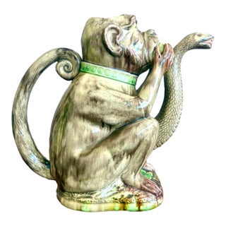 Late 20th Century Boho Ceramic Majolica-Style Monkey & Cobra Pitcher For Sale