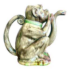 Late 20th Century Boho Ceramic Majolica-Style Monkey & Cobra Pitcher