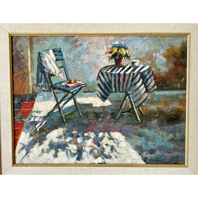 Richard Boyer noted American Impressionist artist. This is a lovely and evocative oil painting on canvas of a cafe scene....