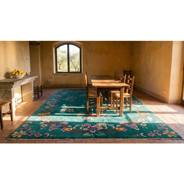 1920s Green Flowers Modern Antique Chinese Art Deco Carpet 8'9" X 11'6" Knotted Pile Wool Rug For Sale - Image 11 of 12