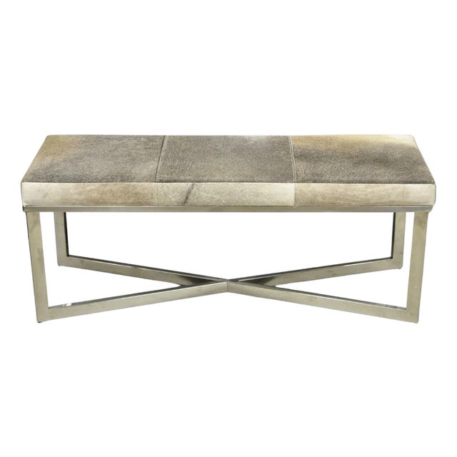 Modern Leather Cowhide Silver Chrome Metal X-Frame Stretcher Base Bench For Sale