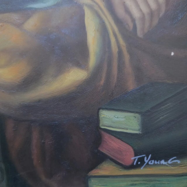 Victorian Mid-20th Century Signed T. Young - Young Girl Reading With Dog, Oil on Canvas For Sale - Image 3 of 4