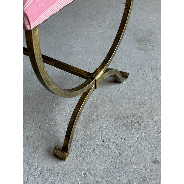 Spanish Hand-Forged Gilt Iron Bench With Scroll Base and Mauve Striped Upholstery For Sale - Image 12 of 12