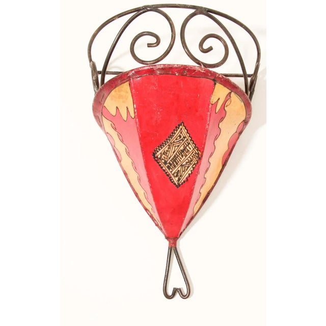 Moroccan Vintage Moroccan Berber Painted-Hide Wall Sconce Shade, Iron Frame For Sale - Image 3 of 11