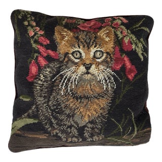 1990s Handcrafted Kitten Needlepoint Decorative Pillow For Sale