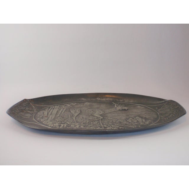 Vintage Oval Pewter Platter With Roe Deer in Mountains With Pinecone Edge For Sale - Image 9 of 12