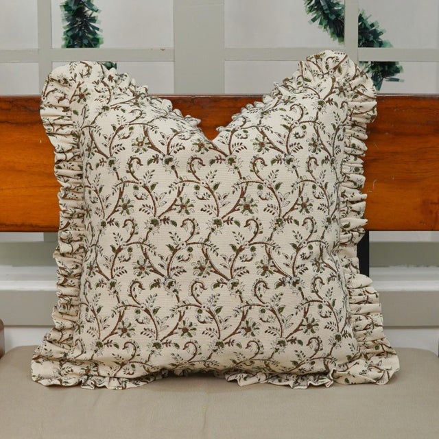 Add handcrafted charm to your home with this Block Print Ruffle Pillow, designed as an artisan decorative throw cushion...