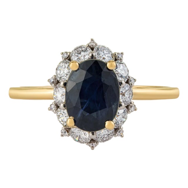 VRJewels 1.55ct Blue Sapphire Diamond Halo Ring Size 9 in 14k Yellow Gold For Sale