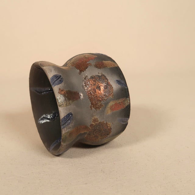 Signed Studio Pottery Raku Ceramic Vessel With Metallic Copper Glaze and Abstract Brushwork For Sale - Image 12 of 17