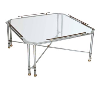 Vintage Midcentury Maison Jansen Octagon Glass Brass Chrome Table For Sale