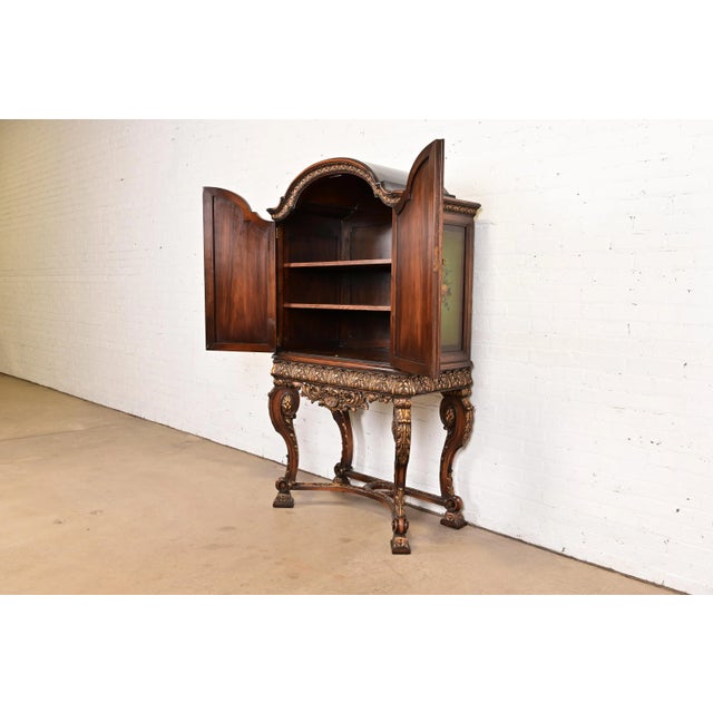 Berkey & Gay Style Antique English Jacobean Carved Walnut Hand Painted Bookcase or Bar Cabinet, Circa 1920s For Sale In South Bend - Image 6 of 14