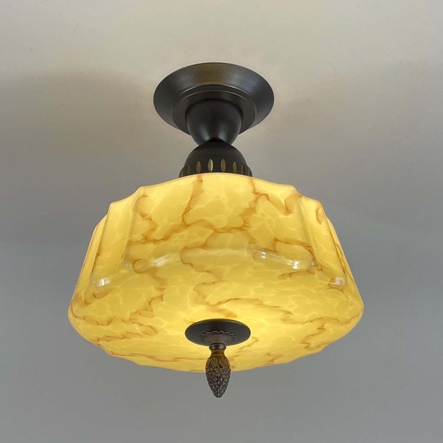 Art Deco Flush Mount in Marbled Opaline Glass & Burnished Metal, Germany, 1920s For Sale - Image 13 of 18