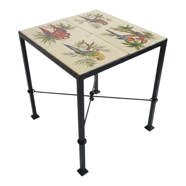 Italian Contemporary Hand-Painted Ceramic Tile Parrot Bistro Table For Sale