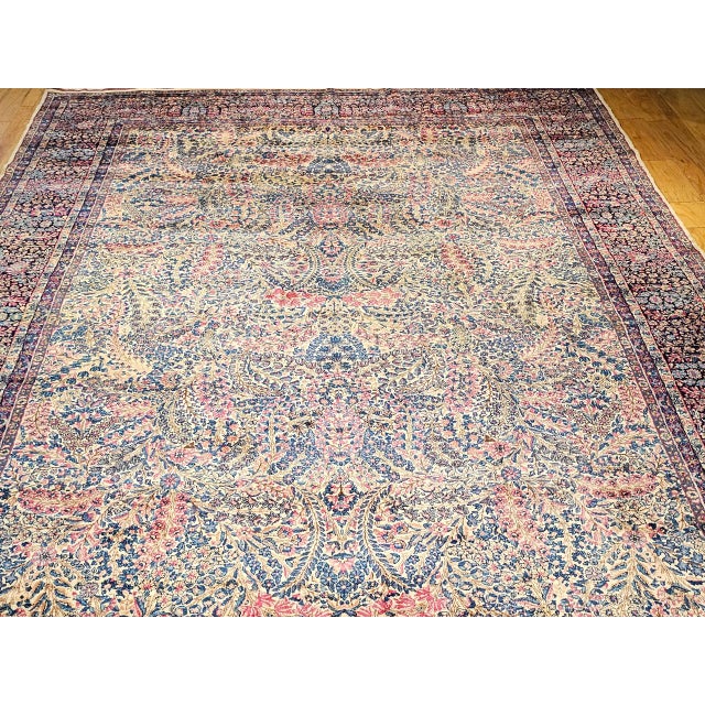 Vintage Oversized Persian Kerman Lavar Rug, Hand-Knotted Wool, Floral Pattern, Ivory & Blue, 11’ X 18’ For Sale - Image 10 of 16