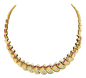 Natural 3 Ct Ruby & 4 Ct Diamond Necklace 18 Karat Yellow Gold 75 Grams, 18 Inc