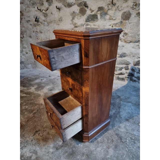 French Bedside Cabinet with Burr Walnut Veneer and Marble Top, 1900s For Sale - Image 12 of 17