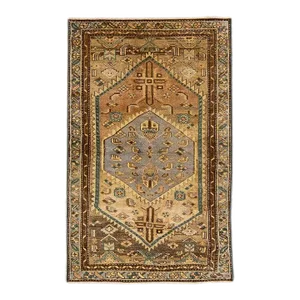1960s Vintage Persian Distressed Handmade Medallion Beige Wool Rug
