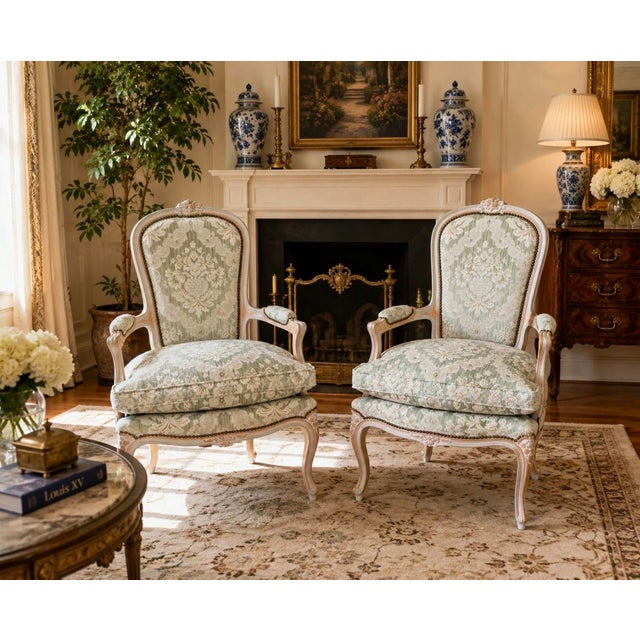 Elegant and timeless, this pair of vintage French-style bergère armchairs brings refined European charm to any sitting...
