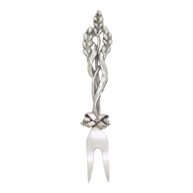 Vintage Italian Handmade Genuine Silver Cocktail Fork With Wheat Corn Decoration For Sale