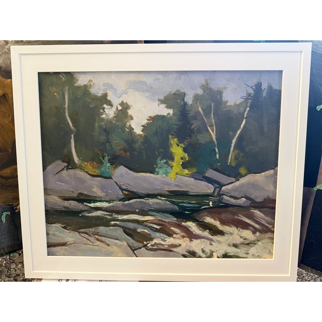 1960s Vintage Mid Century Painting of a Forested River Spillway. From Vermont. Original Painting on Art Board For Sale - Image 5 of 7