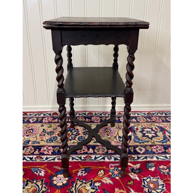 Antique English Flip Top Game Table Barley Twist Side Table Carved Oak C. 1930s For Sale - Image 16 of 17