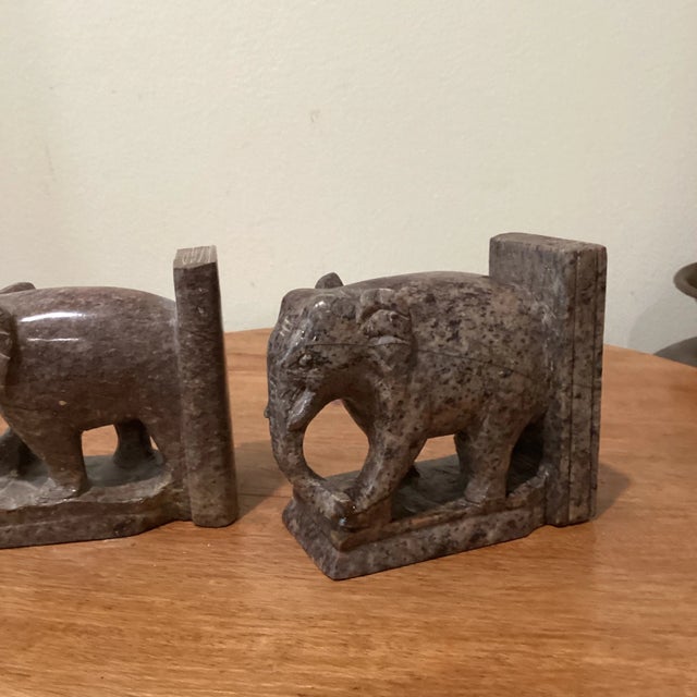 1950s Pair of Hand Carved Elephant Marble Sculpture Bookends Art Deco Style Circa 1950 For Sale - Image 5 of 12