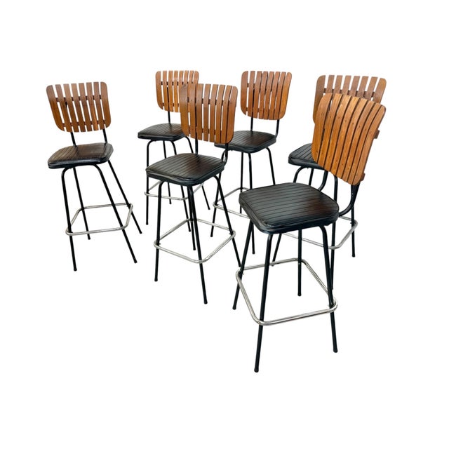 Mid-Century Modern Mid-Century Modern Umanoff Style Slatted Bar Stools - Set of 6 For Sale - Image 3 of 6