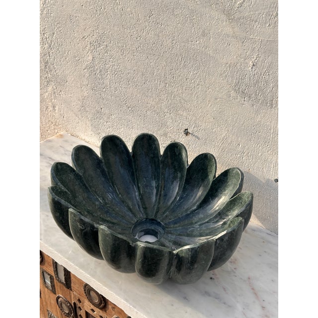 Hand-Carved Verde Guatemala Marble Lotus Sink – 16” Sculptural Stone Basin For Sale - Image 9 of 13