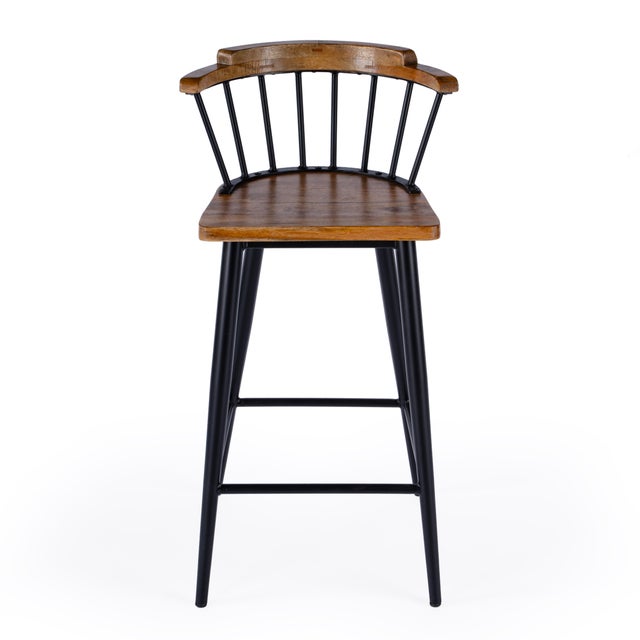 Spritely Home Accent Furniture Merrick 30 in. Seat Height Wood and Iron Bar Stool with Spindle Back and Footrest, Natural For Sale - Image 4 of 9