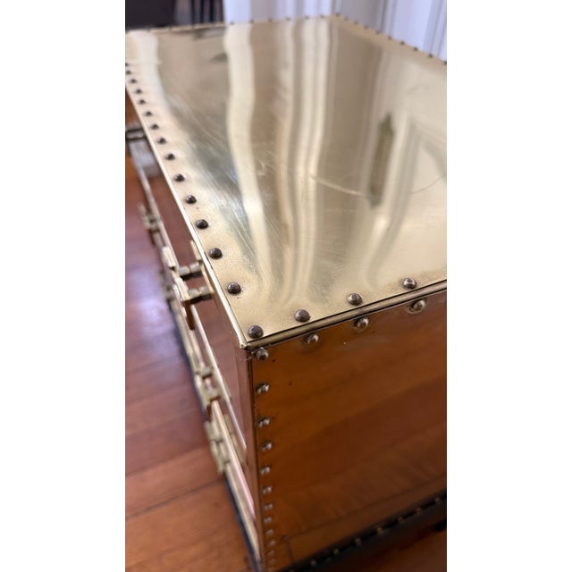 1990s Sarreid Style Brass Campaign Chest With Greek Key Hardware on Ebonized Base — 20.25″ W For Sale - Image 10 of 13