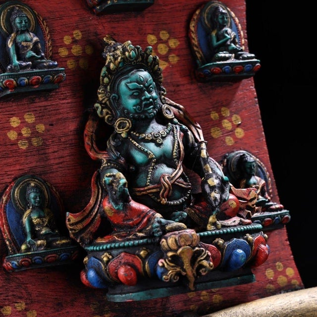 Vintage Tibetan Yellow Jambhala Tsa‑Tsa Shrine Plaque, Wood‑Mounted Painted Clay Buddha Thangka‑Style Wall Decor For Sale In Los Angeles - Image 6 of 9