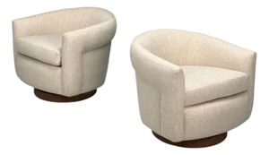 Milo Baughman, Beige Upholstery, Walnut, Tilt & Swivel Chairs, Usa, 1970s