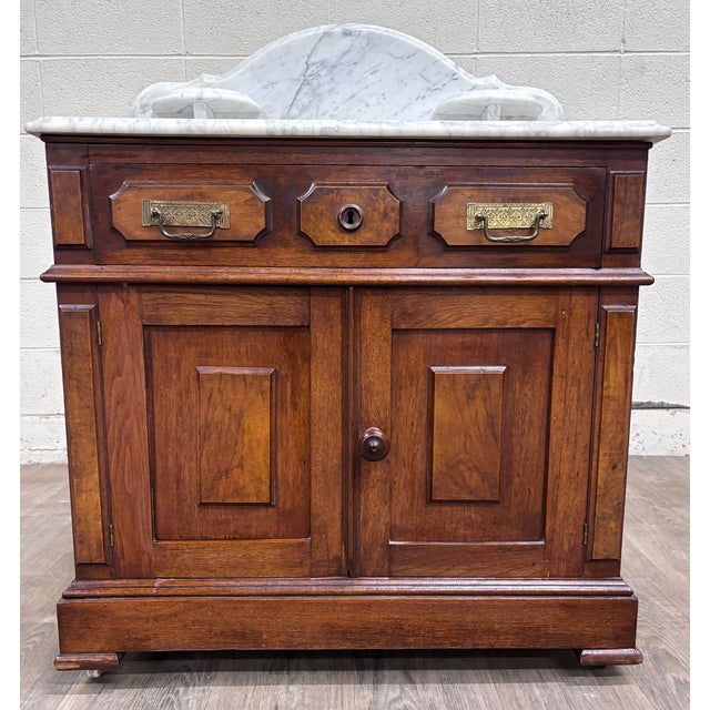Antique Late 1800s Victorian Walnut Marble Top Washstand For Sale In Kansas City - Image 6 of 12