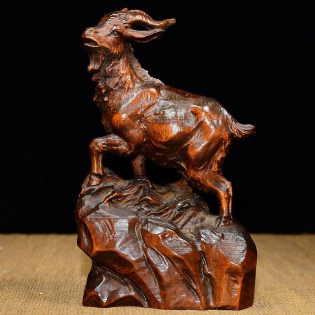 Brown Chinese Hand-Carved Boxwood Goat Figurine, Auspicious Symbol For Sale - Image 8 of 10