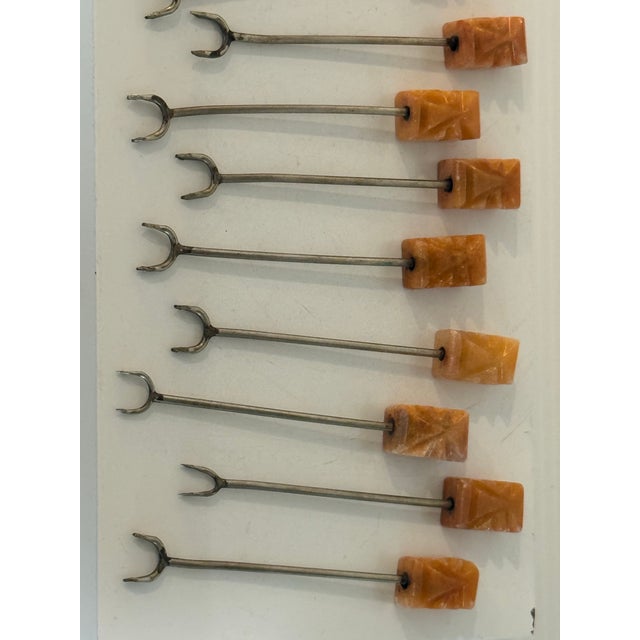 Metal Mid 20th Century Set of 12 Mexican Honey Onyx Cocktail Forks in Amber Tones, Mid-Century Modern For Sale - Image 7 of 12