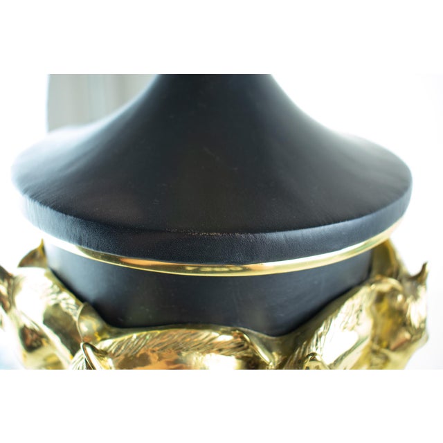Vintage 1983 Sarreid #9018 — 8 Prancing Horses — Brass & Leather Table Lamp, Black & Gold For Sale - Image 9 of 16