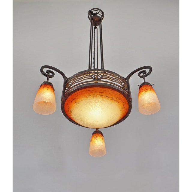 Art Deco 1920s French Art Deco Chandelier by Fournet & Schneider - Orange Mottled Glass, Wrought Iron For Sale - Image 3 of 12