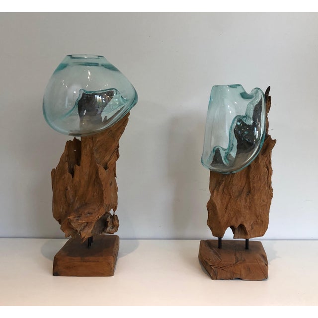 This pair of interesting vases is made of wooden elements and glass vases. This is a French work, circa 1980.