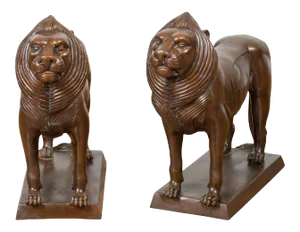 Contemporary Bronze with Dark Patina Lion Sculptures on Bases - A Pair