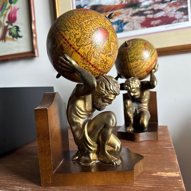 20th Century MCM Brass Hercules and Globe Bookends For Sale - Image 10 of 12