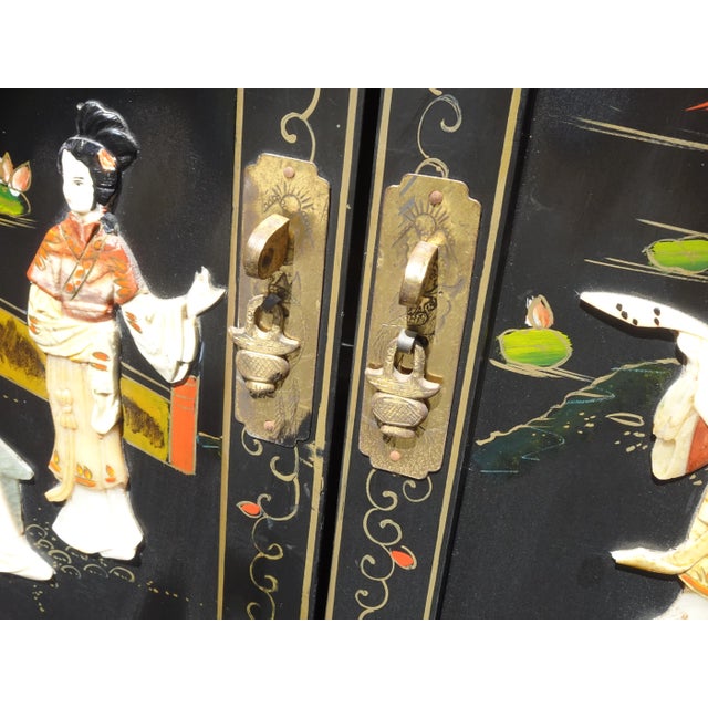 Vintage Oriental Black Lacquer Hand Painted Two Door Cabinet ~ Mother of Pearl For Sale - Image 10 of 12