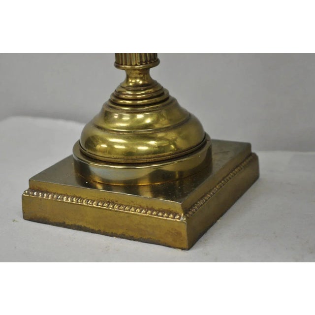 Vintage French Country Tole Metal Shade Brass Column Candelabra Table Lamps Pair For Sale - Image 10 of 16
