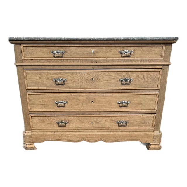19th Century French Solid Oak Bleached Marble Top Chest of Drawer / Commodes For Sale