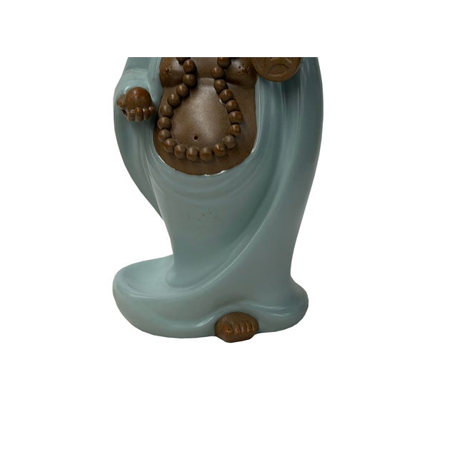 Asian Joyful Laughing Buddha Light Celadon Robe Ceramic Coin Bat Ru Yi Figure For Sale - Image 3 of 13