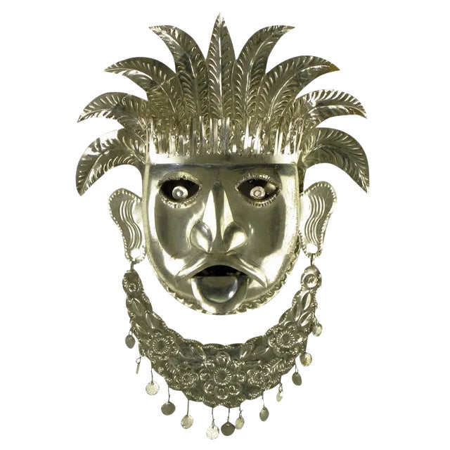 Stamped & Polished Metal Tribal Mask Wall Hanging For Sale